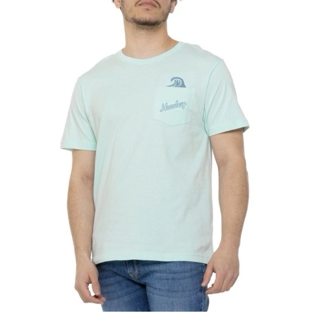 Hurley Men Size Large Light Blue Turquoise Wave Surf Pocket Short Sleeve T-shirt